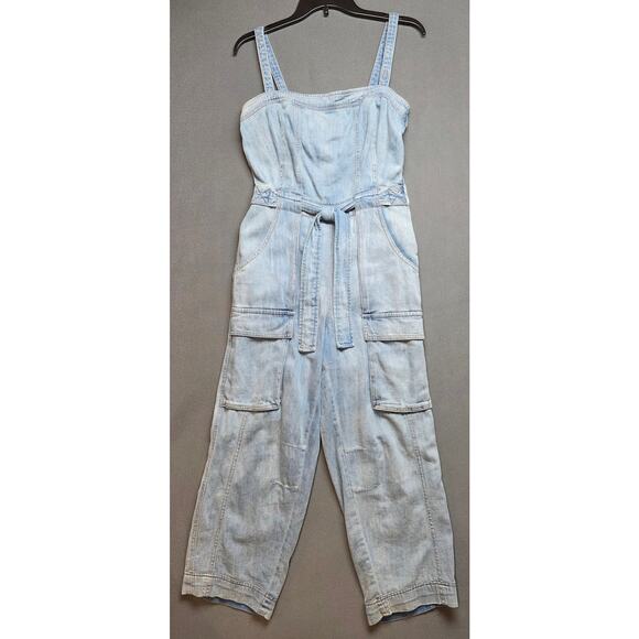 Free People Womens Small Blue Jean Denim Jumpsuit Romper Pockets Belt Go West - Picture 2 of 16